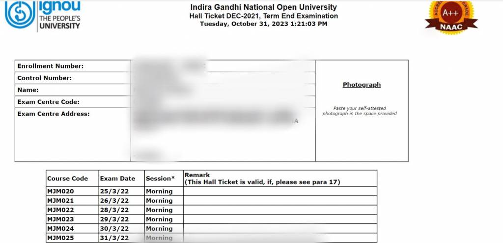 IGNOU Hall Ticket June 2025 - Sample